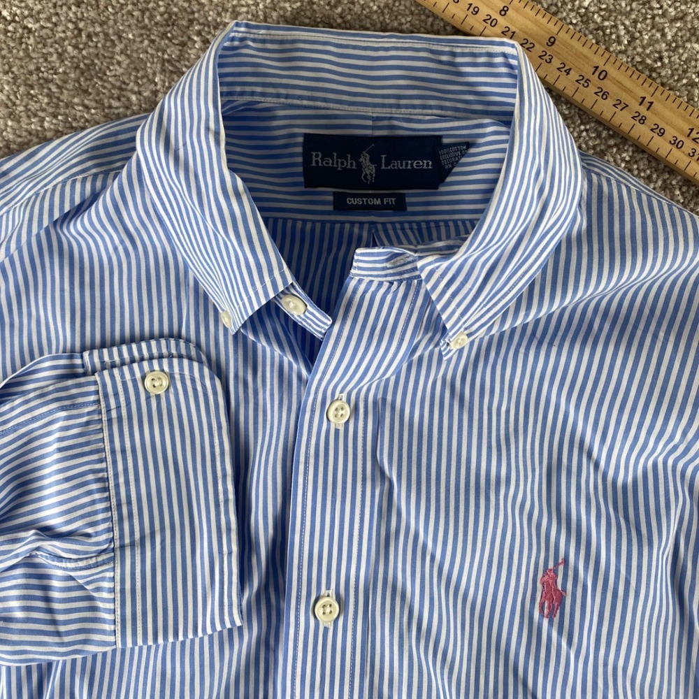Polo Ralph Lauren Mens L Blue White Striped Pink Pony Preppy Button Down Shirt